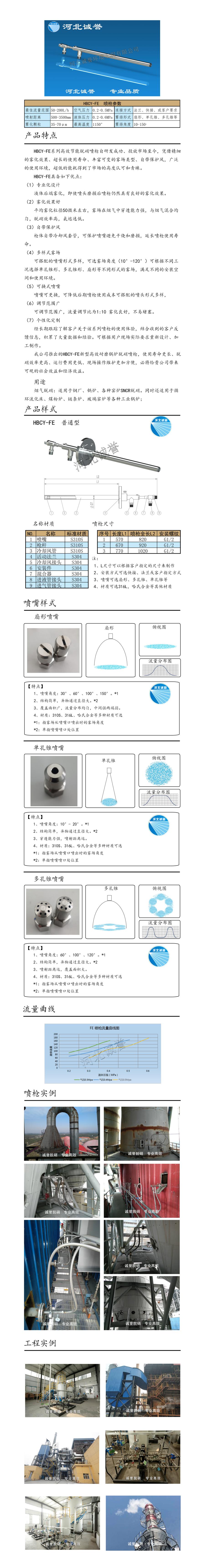 電廠脫硝噴槍保護(hù)套、噴槍參數(shù)、材質(zhì)尺寸、流量分布圖、扇形空心錐俯視圖介紹，以及噴槍霧化視頻展示和工程案例介紹